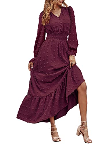 MASCOMODA Women Boho Maxi Dress 2023 Long Sleeve V Neck Swiss Dot Smocked High Waisted Button A-Line Ruffle Tiered Fall Long Dress(Medium, Wine Red)