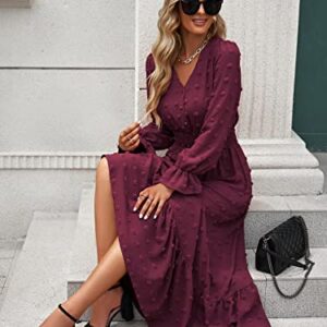 MASCOMODA Women Boho Maxi Dress 2023 Long Sleeve V Neck Swiss Dot Smocked High Waisted Button A-Line Ruffle Tiered Fall Long Dress(Medium, Wine Red)