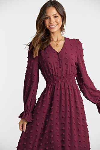 MASCOMODA Women Boho Maxi Dress 2023 Long Sleeve V Neck Swiss Dot Smocked High Waisted Button A-Line Ruffle Tiered Fall Long Dress(Medium, Wine Red)