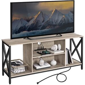 yaheetech tv stand for 65 inch tv, industrial entertainment center tv console with power outlets, modern tv cabinet with open storage shelves for living room, gray