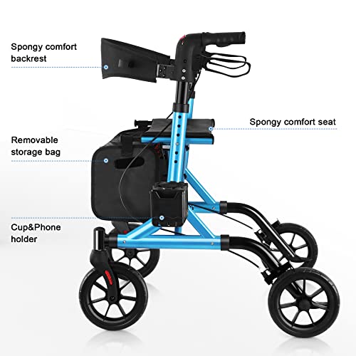 WALK MATE Rollator Walker for Seniors with Cup Holder, Upgraded Thumb Press Button for Height Adjustment, 4 x 8" Wheels Walker with Seat Padded Backrest Folding Lightweight Walking Aid, Blue