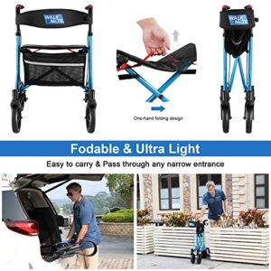 WALK MATE Rollator Walker for Seniors with Cup Holder, Upgraded Thumb Press Button for Height Adjustment, 4 x 8" Wheels Walker with Seat Padded Backrest Folding Lightweight Walking Aid, Blue