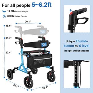 WALK MATE Rollator Walker for Seniors with Cup Holder, Upgraded Thumb Press Button for Height Adjustment, 4 x 8" Wheels Walker with Seat Padded Backrest Folding Lightweight Walking Aid, Blue