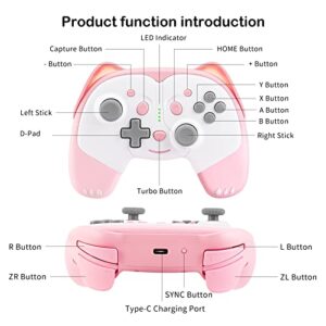 SIMGAL Wireless Controller Compatible with Nintendo Switch/Switch Lite/Switch OLED, Cute Cat Bluetooth Pro Controller with Turbo, Motion, Vibration, Wake-up, Headphone Jack and Breathing LED Light (Pink)