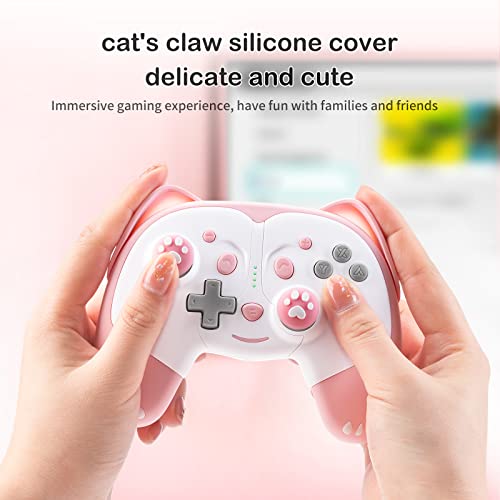 SIMGAL Wireless Controller Compatible with Nintendo Switch/Switch Lite/Switch OLED, Cute Cat Bluetooth Pro Controller with Turbo, Motion, Vibration, Wake-up, Headphone Jack and Breathing LED Light (Pink)