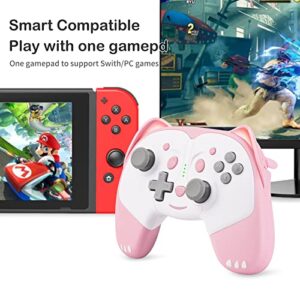 SIMGAL Wireless Controller Compatible with Nintendo Switch/Switch Lite/Switch OLED, Cute Cat Bluetooth Pro Controller with Turbo, Motion, Vibration, Wake-up, Headphone Jack and Breathing LED Light (Pink)