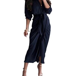 BTFBM Women 2023 Long Sleeve Lapel V Neck Button Down Satin Dress Belted Elegant Ruched Summer Fall Maxi Shirt Dresses(Solid Navy, Large)