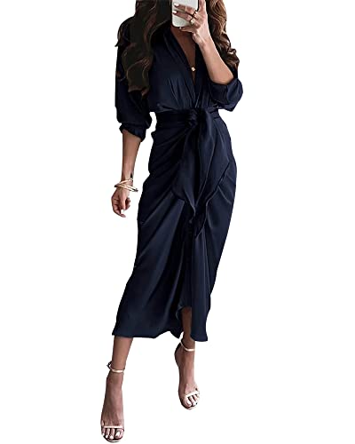 BTFBM Women 2023 Long Sleeve Lapel V Neck Button Down Satin Dress Belted Elegant Ruched Summer Fall Maxi Shirt Dresses(Solid Navy, Large)