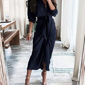 BTFBM Women 2023 Long Sleeve Lapel V Neck Button Down Satin Dress Belted Elegant Ruched Summer Fall Maxi Shirt Dresses(Solid Navy, Large)