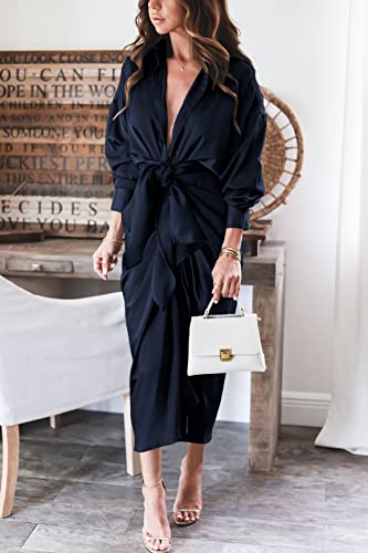 BTFBM Women 2023 Long Sleeve Lapel V Neck Button Down Satin Dress Belted Elegant Ruched Summer Fall Maxi Shirt Dresses(Solid Navy, Large)