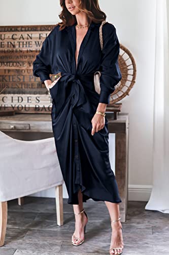 BTFBM Women 2023 Long Sleeve Lapel V Neck Button Down Satin Dress Belted Elegant Ruched Summer Fall Maxi Shirt Dresses(Solid Navy, Large)