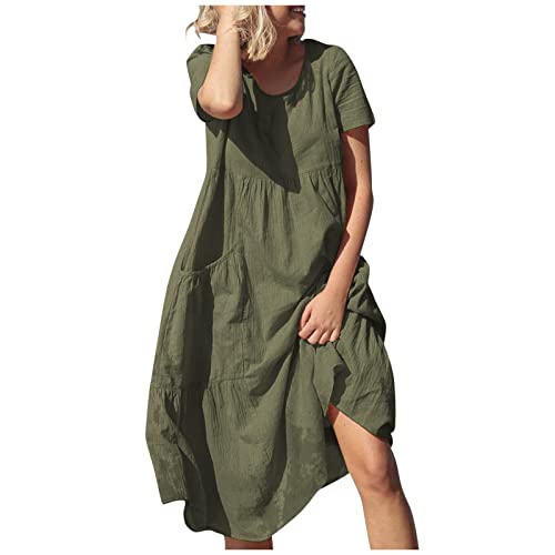 Boho Dress for Women Maxi, Women's Summer Dresses 2022 Sundress Long Dresses Women's Cotton Linen Round Neck Short Sleeve Dress Midi Dresses with Pockets Shirt Dress Plus Size (XL, Green)