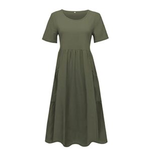 Boho Dress for Women Maxi, Women's Summer Dresses 2022 Sundress Long Dresses Women's Cotton Linen Round Neck Short Sleeve Dress Midi Dresses with Pockets Shirt Dress Plus Size (XL, Green)