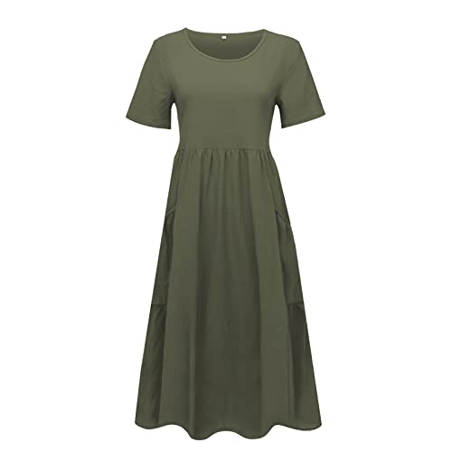 Boho Dress for Women Maxi, Women's Summer Dresses 2022 Sundress Long Dresses Women's Cotton Linen Round Neck Short Sleeve Dress Midi Dresses with Pockets Shirt Dress Plus Size (XL, Green)