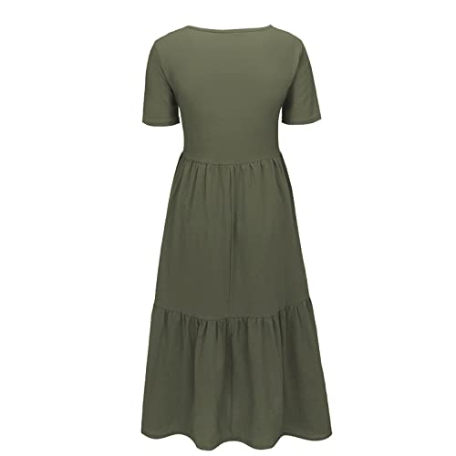 Boho Dress for Women Maxi, Women's Summer Dresses 2022 Sundress Long Dresses Women's Cotton Linen Round Neck Short Sleeve Dress Midi Dresses with Pockets Shirt Dress Plus Size (XL, Green)