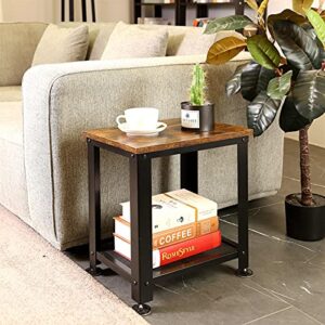 GIOTORENT 2-Tier End Table, Industrial Side Table Nightstand with Durable Metal Frame, Coffee Table with Mesh Shelves for Living Room, Coffee Bar, Rustic Brown and Black，2 Pack