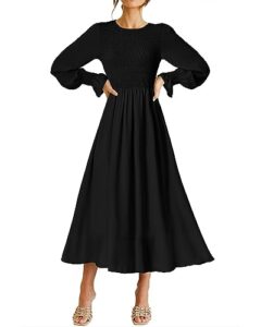 dowerme women casual petal long sleeve crewneck smocked a-line flowy solid maxi dress fall winter party cocktail dresses(solid black,large)