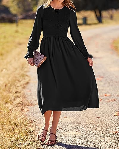 dowerme Women Casual Petal Long Sleeve Crewneck Smocked A-Line Flowy Solid Maxi Dress Fall Winter Party Cocktail Dresses(Solid Black,Large)