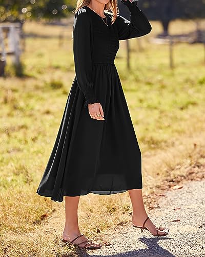 dowerme Women Casual Petal Long Sleeve Crewneck Smocked A-Line Flowy Solid Maxi Dress Fall Winter Party Cocktail Dresses(Solid Black,Large)