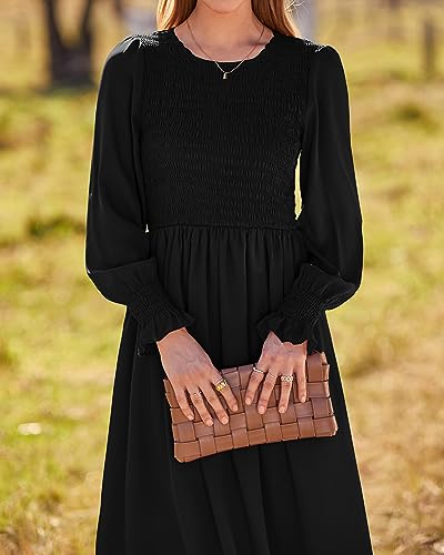 dowerme Women Casual Petal Long Sleeve Crewneck Smocked A-Line Flowy Solid Maxi Dress Fall Winter Party Cocktail Dresses(Solid Black,Large)