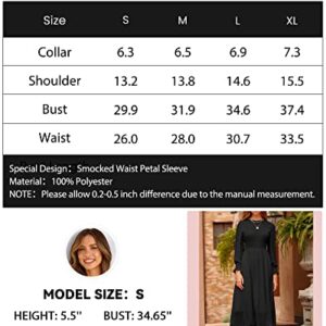 dowerme Women Casual Petal Long Sleeve Crewneck Smocked A-Line Flowy Solid Maxi Dress Fall Winter Party Cocktail Dresses(Solid Black,Large)