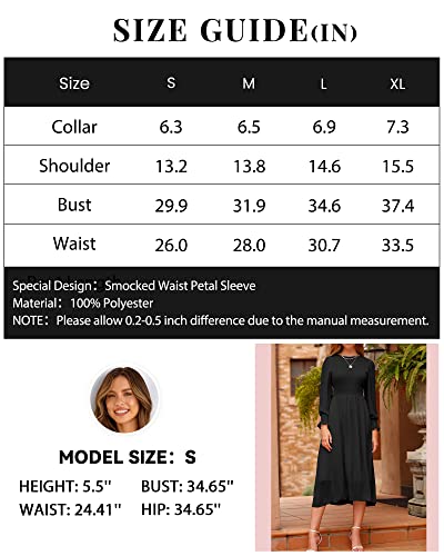 dowerme Women Casual Petal Long Sleeve Crewneck Smocked A-Line Flowy Solid Maxi Dress Fall Winter Party Cocktail Dresses(Solid Black,Large)