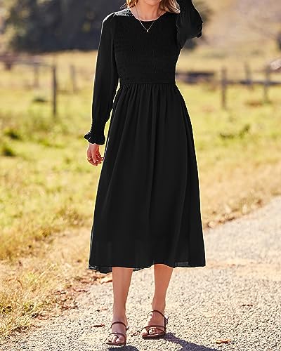 dowerme Women Casual Petal Long Sleeve Crewneck Smocked A-Line Flowy Solid Maxi Dress Fall Winter Party Cocktail Dresses(Solid Black,Large)