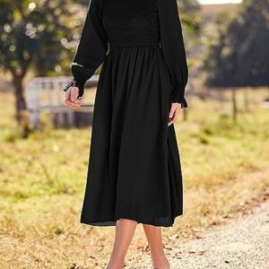 dowerme Women Casual Petal Long Sleeve Crewneck Smocked A-Line Flowy Solid Maxi Dress Fall Winter Party Cocktail Dresses(Solid Black,Large)