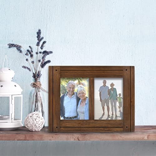 Prinz Homestead Double 5x7 Picture Frame in Dark Walnut - Distressed Rustic Decor Wood Photo Frame, Two-Way Easel, Wall or Tabletop Display