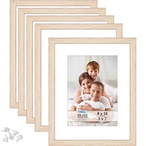 icona bay 8x10 picture frames with removable mat for 5x7 photos (light oak, 5 pack), modern style wood composite frames, table top or wall mount, bliss collection