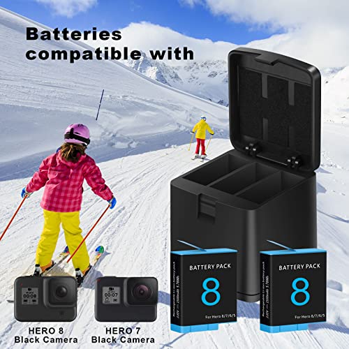 DINTYOU 2 Pack Batteries for Gopro Hero 8 7 6 5 Black Battery Charger and 3-Channel LED USB Storage Charger, Fully Compatible with Hero 8 7 Black Go Pro 5 6 7 8 1500mAh Battery