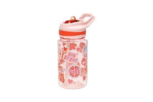 pearhead girl power kids water bottle for school, spill proof, tritan flip straw 16oz, bpa free and dishwasher safe, travel and sports tumbler, school supplies, pink