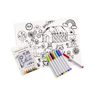 silicone coloring placemat- washable drawing mat for kids- learning coloring mat- picky eater placemat- 8 markers included (farm)