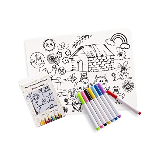 Silicone Coloring Placemat- Washable Drawing Mat for Kids- Learning Coloring Mat- Picky Eater Placemat- 8 Markers Included (Farm)