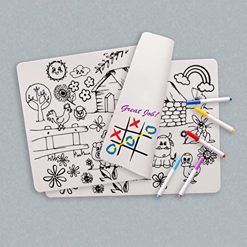 Silicone Coloring Placemat- Washable Drawing Mat for Kids- Learning Coloring Mat- Picky Eater Placemat- 8 Markers Included (Farm)
