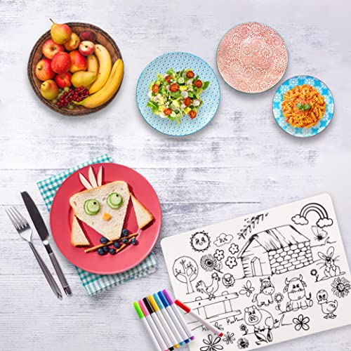 Silicone Coloring Placemat- Washable Drawing Mat for Kids- Learning Coloring Mat- Picky Eater Placemat- 8 Markers Included (Farm)