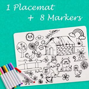 Silicone Coloring Placemat- Washable Drawing Mat for Kids- Learning Coloring Mat- Picky Eater Placemat- 8 Markers Included (Farm)