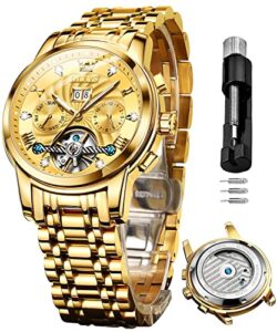 olevs mens automatic mechanical watch gold stainless steel skeleton tourbillon self winding luxury business dress date diamond wrist watches waterproof luminous