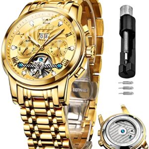 OLEVS Mens Automatic Mechanical Watch Gold Stainless Steel Skeleton Tourbillon Self Winding Luxury Business Dress Date Diamond Wrist Watches Waterproof Luminous