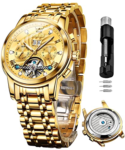 OLEVS Mens Automatic Mechanical Watch Gold Stainless Steel Skeleton Tourbillon Self Winding Luxury Business Dress Date Diamond Wrist Watches Waterproof Luminous