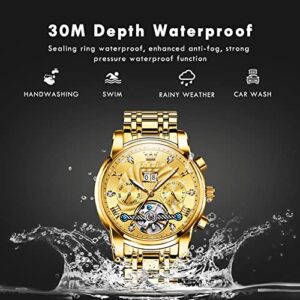 OLEVS Mens Automatic Mechanical Watch Gold Stainless Steel Skeleton Tourbillon Self Winding Luxury Business Dress Date Diamond Wrist Watches Waterproof Luminous