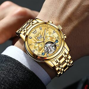 OLEVS Mens Automatic Mechanical Watch Gold Stainless Steel Skeleton Tourbillon Self Winding Luxury Business Dress Date Diamond Wrist Watches Waterproof Luminous
