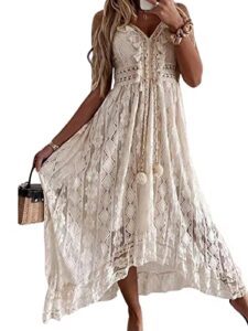 cupshe womens sleeveless v-neck tassel ruching dress lace up smocking ruffle maxi dress, x-large, beige