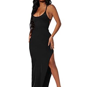 SheIn Women's Side Split Thigh Backless Bodycon Maxi Dress Sleeveless Tie Back Criss Cross Slit Pencil Long Dresses X-Small Black