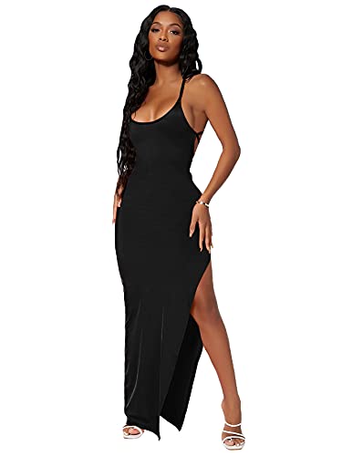 SheIn Women's Side Split Thigh Backless Bodycon Maxi Dress Sleeveless Tie Back Criss Cross Slit Pencil Long Dresses X-Small Black