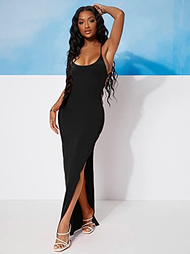 SheIn Women's Side Split Thigh Backless Bodycon Maxi Dress Sleeveless Tie Back Criss Cross Slit Pencil Long Dresses X-Small Black