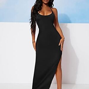 SheIn Women's Side Split Thigh Backless Bodycon Maxi Dress Sleeveless Tie Back Criss Cross Slit Pencil Long Dresses X-Small Black