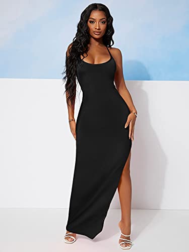 SheIn Women's Side Split Thigh Backless Bodycon Maxi Dress Sleeveless Tie Back Criss Cross Slit Pencil Long Dresses X-Small Black