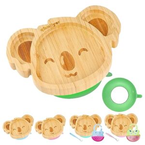 qianliyer bamboo baby plates with suction - natural feeding dishes for babies and toddlers, perfect for led weaning, non-slip design | ideal gifts for kids (green)