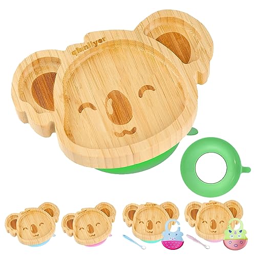 qianliyer Bamboo Baby Plates with Suction - Natural Feeding Dishes for Babies and Toddlers, Perfect for Led Weaning, Non-Slip Design | Ideal Gifts for Kids (Green)